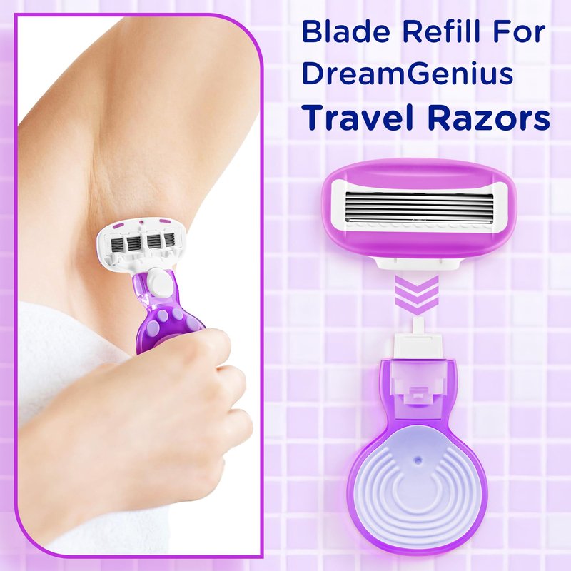 DreamGenius Women’s Razor Blades Refills Include 4 Cartridges, Extra Smooth 5-Blade Travel Razor Refills for Comfort Shaving, Purple