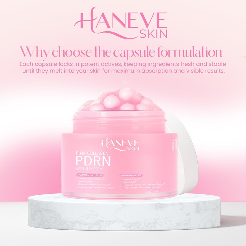 Haneve Skin Pink Collagen PDRN Capsule Cream – Hydrating & Radiance-Boosting Face Moisturizer with PDRN (Sodium DNA), Niacinamide 5% & Collagen Capsules – 60g / 2 oz