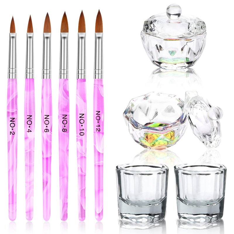 Acrylic Nail Brush Dappen Dish Set - 6PCS Nail Art Pens & 4PCS Crystal Dappen Dishes | Manicure Bowl for Acrylic Liquid