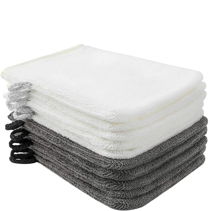 PHOGARY 10 Pack Microfiber Body Wash Mitts, Soft Face Mitten, Bath Spa Cloth, Reusable Makeup Remover Mitt Gloves, European Style Wash Cloth, 6×8 inch, White and Grey