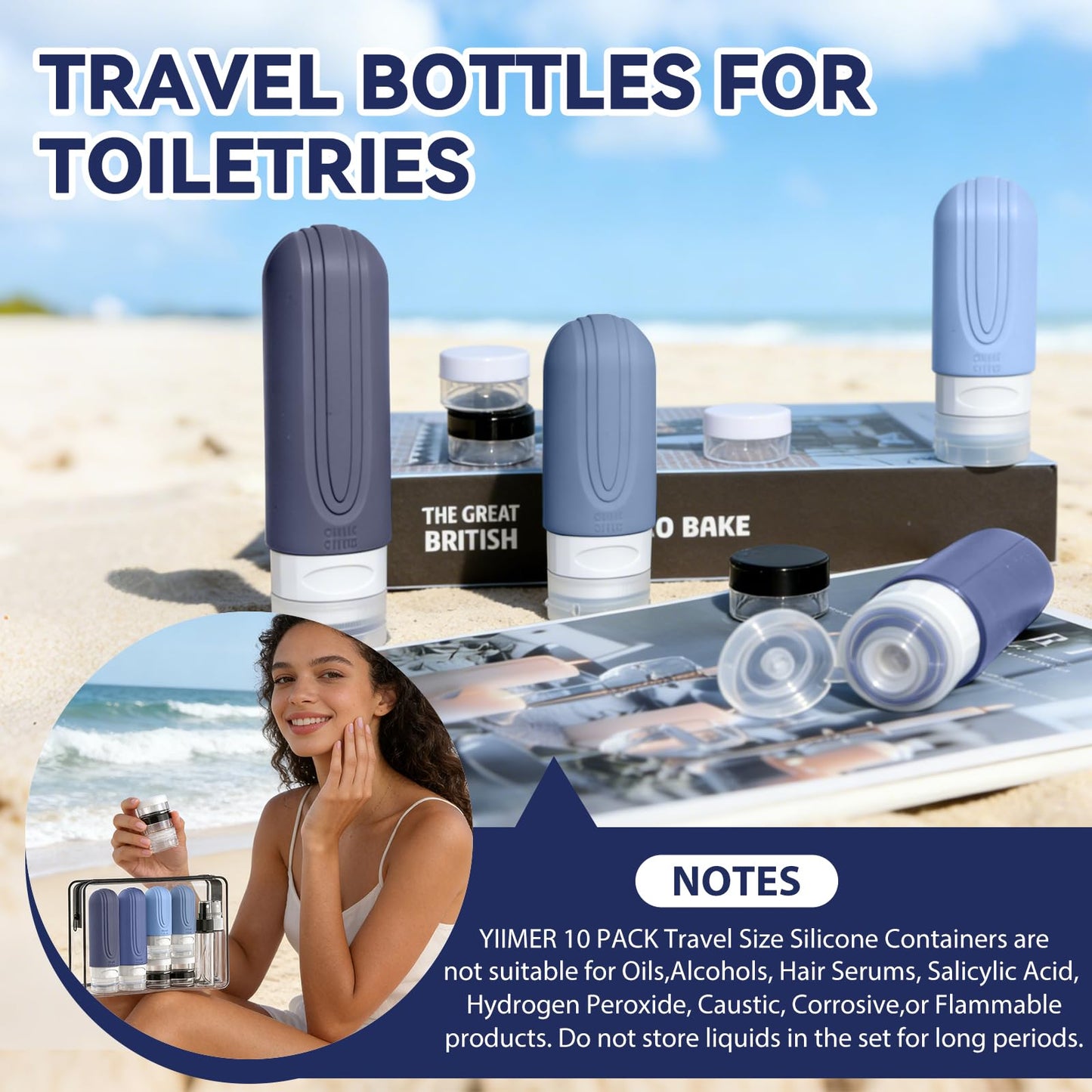 YIIMER Travel Bottles for Toiletries 10 Pack, TSA Approved Travel Size Toiletries Essentials Containers Set, Leak Proof Silicone Bottles Kit, Refillable Liquid & Creams Accessories (BLUE)