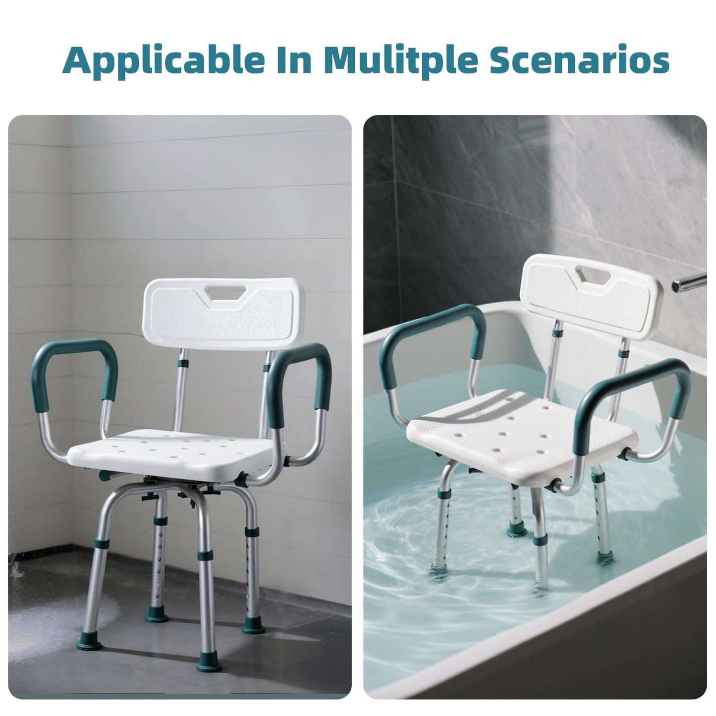 Swivel Shower Chair with Arms and Back, 400 lbs Heavy Duty Shower Stool for Inside Shower Stall and Bathtub, Height Adjustable Rotating Shower Chair Seat for Elderly, Adults, Handicap and Disabled