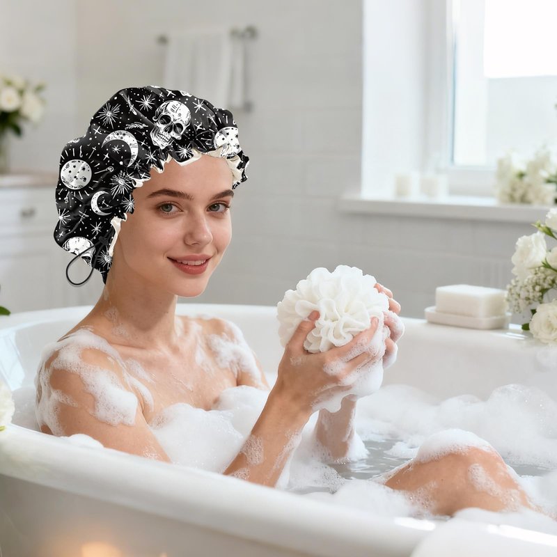 BHAHB Shower Cap Reusable Double Layer Adjustable Elastic Waterproof EVA Hair Bath Caps for Women Girls Cute Aesthetic-Skull