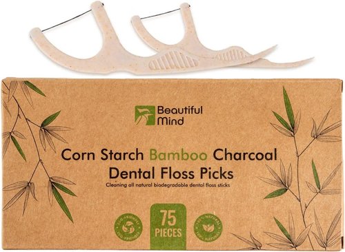 Natural Dental Floss Picks 75 Pack – Organic Biodegradable Floss Sticks with Strong Bamboo Charcoal Thread & Vegan Cornstarch Handle – No Plastics, No Artificial Flavours - Kraft Paper Box