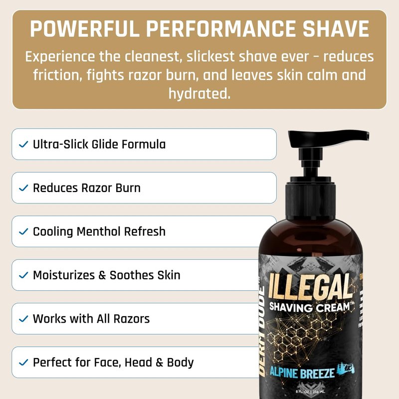 Derm Dude Shaving Cream for Sensitive Skin - Ultra-Slick Formula to Prevent Razor Burn & Cuts | Alpine Breeze Scent, 8oz