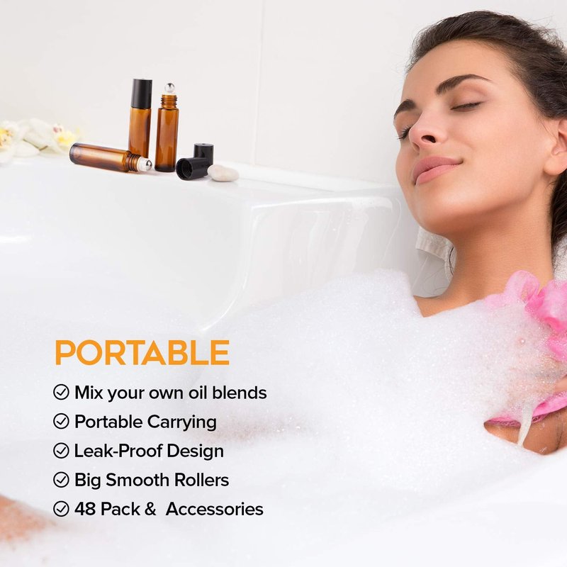 Hoa Kinh Roller Bottles for Essential Oils 10ml 48Pack Empty Amber Glass Perfume Roller Bottles with Stainless Steel Balls Refillable Roller Ball Applicator for Hair, Essential Oil