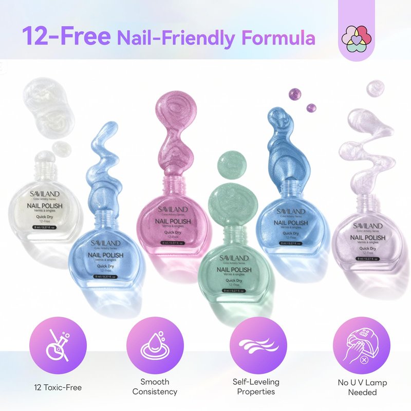 SAVILAND Quick-Dry Aurora Nail Polish Kit: 6+1 Colors Nail Polish Set with 3-in-1 Base Top Coat Cuticle Oil Pearl Glitter Pink Blue Green 12-Free Fingernail Polish Home DIY for Women Gift