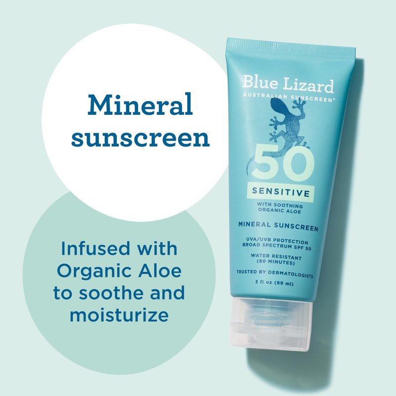 Blue Lizard SENSITIVE Mineral Sunscreen with Zinc Oxide, SPF 50+, Water Resistant, UVA/UVB Protection with Smart Cap Technology - Fragrance Free, 3 oz. Tube