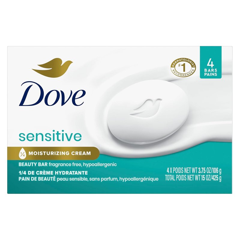 Dove Beauty Bar Soap for Sensitive Skin - Fragrance-Free & Hypoallergenic | 4 Bars, 3.75 oz Each