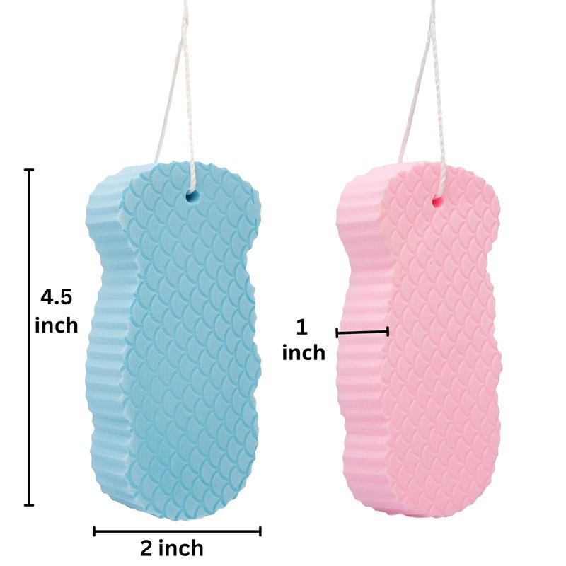 BESOBELLA Exfoliating Sponges (4 pcs) - Super Soft Exfoliating Bath Shower Sponge - Removes Dead Skin and Impurities from Body - Great for Adults and Children - Pink & Blue & White & Gray