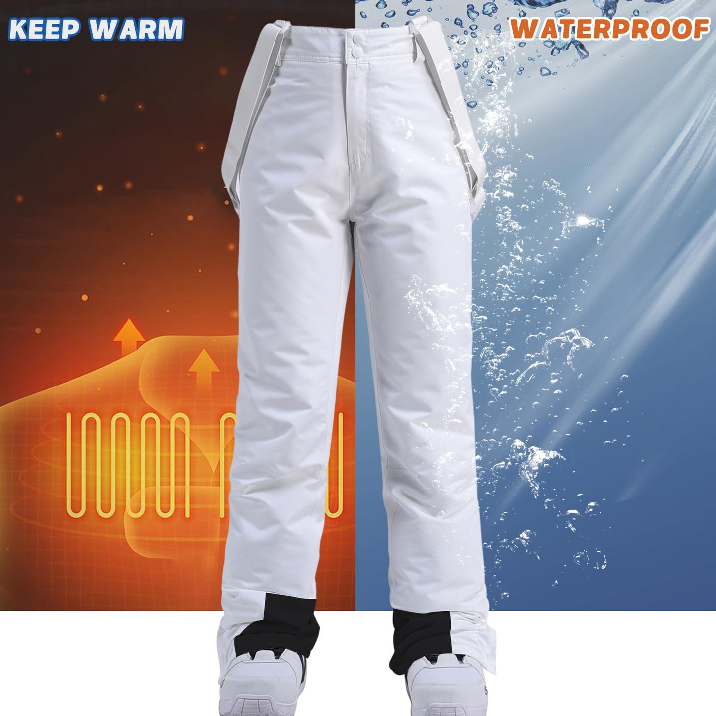 ALSOGO Women's Insulated Snow Pants Winter Warm Ski Pant Outdoor Waterproof Windproof Snowboard Bibs with Detachable Suspender White S