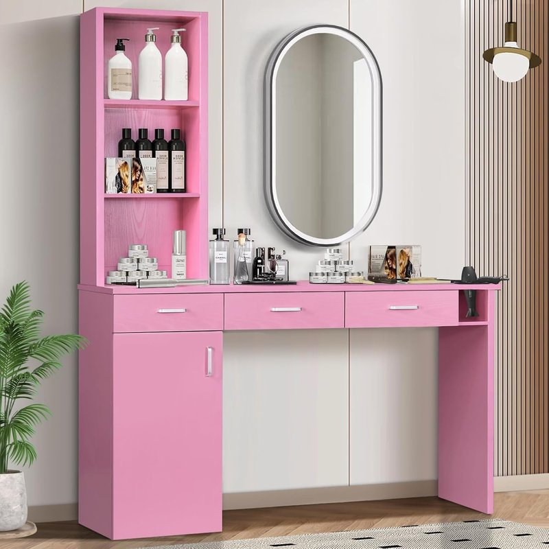 4ever2buy Barber Station for Hair Stylist, Salon Wall Station with Barber Cabinet, Hair Stations Equipment Hair Dryer Holder, Drawers (Pink)
