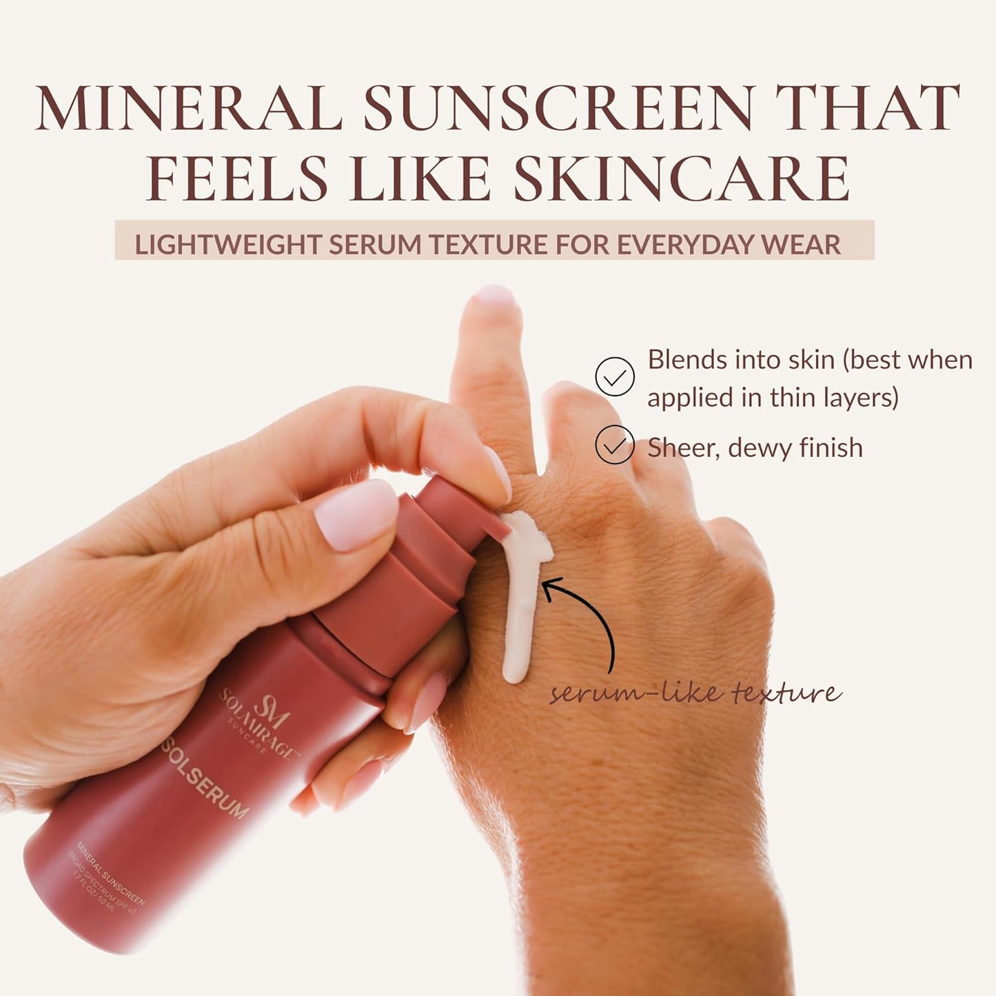 Solserum Broad Spectrum SPF 40 Mineral Sunscreen for Face – Lightweight Serum with Zinc Oxide, Hydrating, Sheer Dewy Finish, For Sensitive Skin (1.7 oz)