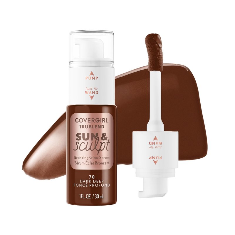 COVERGIRL TruBlend Sun & Sculpt Bronzing Glow Serum, Buildable, Radiant Glow, Wand and Pump Applicator - 70 Dark Deep