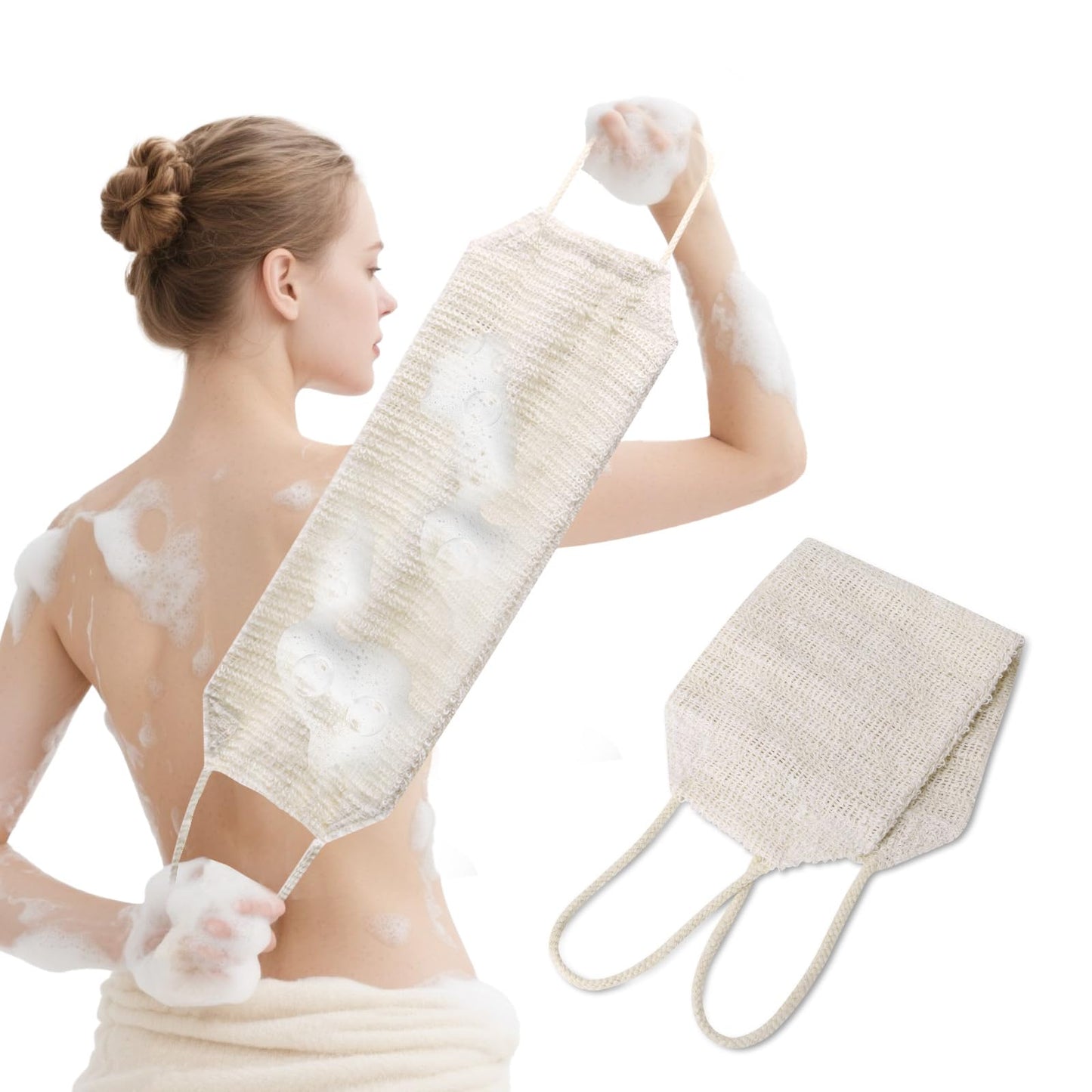 35.5" Long Exfoliating Washcloth Shower Loofah with Handle for Women, Natural Body Scrubber Back Cleaner for Shower, Double Layer Extra Rough Bath Scrubber for Body