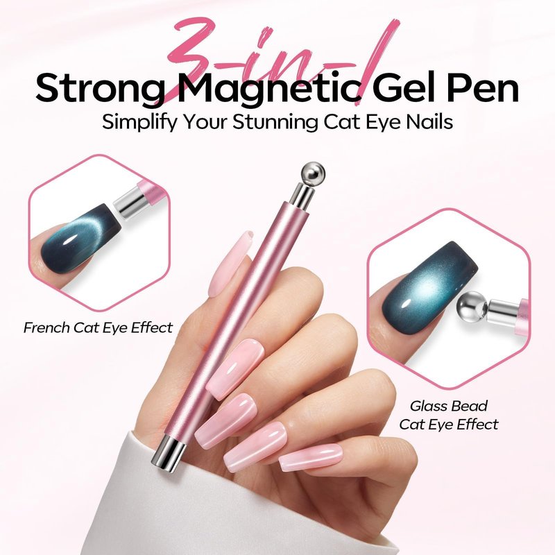 modelones Cat Eye Magnet Set, 6PCS 3-in-1 Dual-Head Nail Magnet Pen with Heart, Lightning & Sphere Shapes for Cateye Gel Polish, Side Light Wide Light Glass Glow Effects DIY Nail Art Tool(Magnet Only)