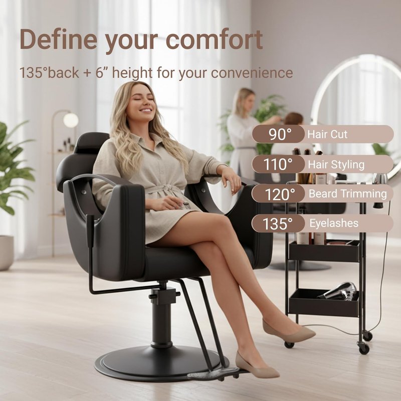Salon Barber Chair for Hair Stylist, Professional Reclining Hydraulic Styling Chair with Heavy-Duty Pump, All Purpose Hairdresser Chair for Barbershop, Braiding, Shampoo, Spa Equipment, Black