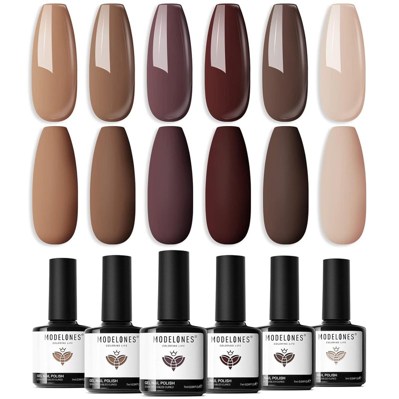modelones Gel Nail Polish Set - 6 Colors Winter Fall Skin Tone Nude Gel Polish Brown Beige Khaki Nail Gel Polish Set Neutral All Skin Tones Soak Off French Nail Art Manicure DIY Home Salon Gift