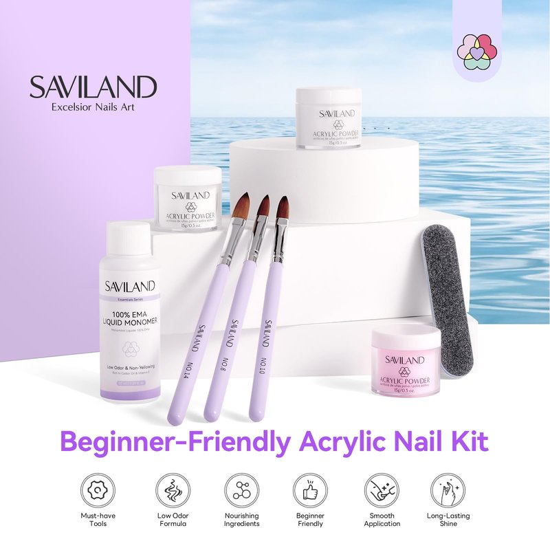 SAVILAND Acrylic Nail Kit for Beginners: 15g Clear White Pink Acrylic Nail Powder and Liquid Set with Size 8,10,14 Brushes, Forms & Tools for Extensions, 3D Sculpting, DIY Salon Manicure Supplies