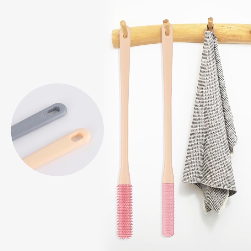 4-Pack Silicone Foot Scrubber & Toe Cleaning Brush with 15.3" Long Handle - No-Bend Shower Design for Seniors & Men & Women (Pink & Grey)
