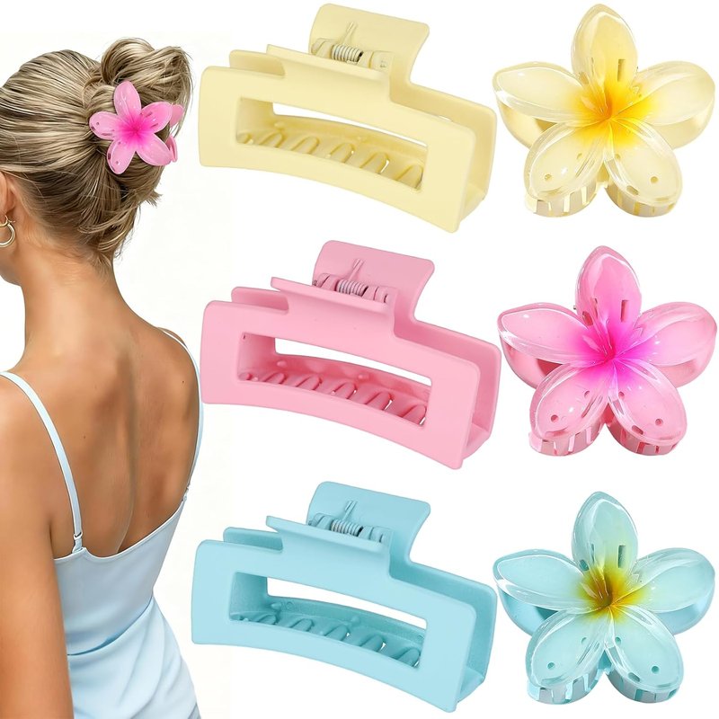 Flower Hair Clips - Square Claw Clips for Thick or Thin Hair | 6 PCS Hawaiian Hibiscus & Plumeria Set (Pink)