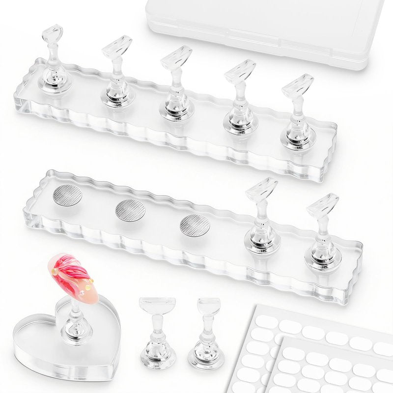 ESUOHYM Nail Stand For Press On Strong Magnetic Nail Art Tips Holder For Painting Gel Nails Display Supplies With 200PCS Double-Sided Tape & 1 Heart Shaped Acrylic Presson Stands with Case Nail Tech Supplies