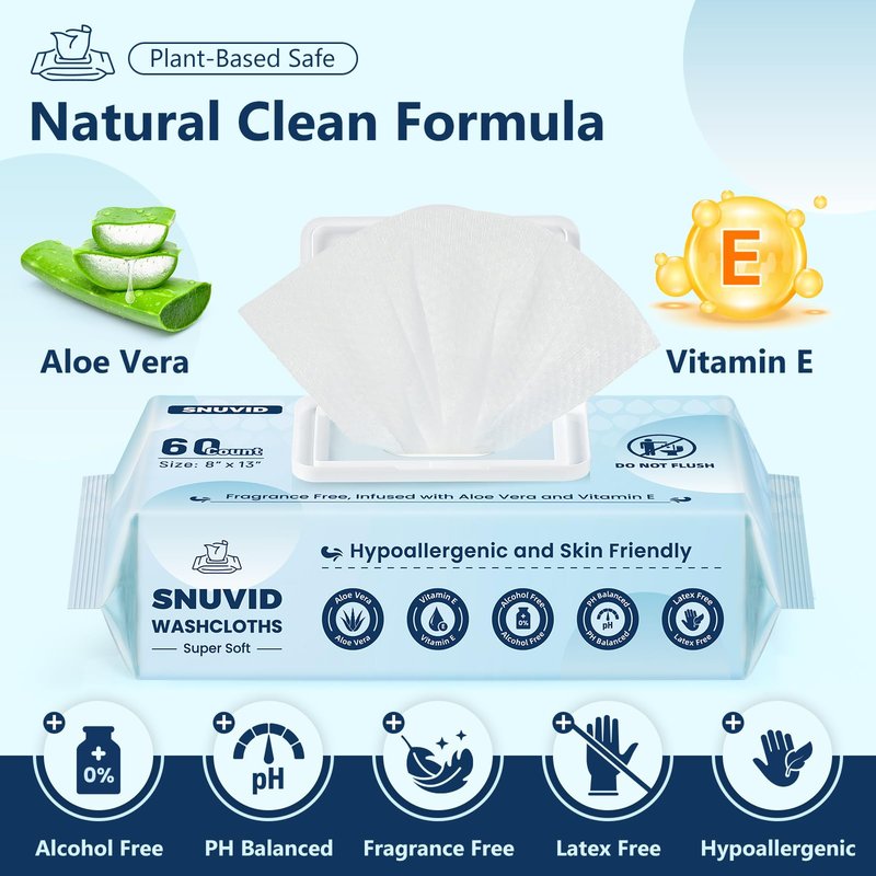 Adult Wipes for Elderly - 720 Count Extra Large 8"x13" Disposable Washcloths Rinse Free Bathing Wipes for Incontinence & Bedridden Care - Thick, Soft & Unscented with Aloe & Vitamin E (12 Packs of 60)