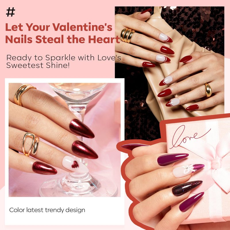 modelones Red Nail Polish Set 6 Colors, Valentines Cat Eye Burgundy Glitter Dark Purple Quick Dry Mini Nail Lacquer Kit Magnetic DIY Home Nail Art Manicure Gifts for Women Girls