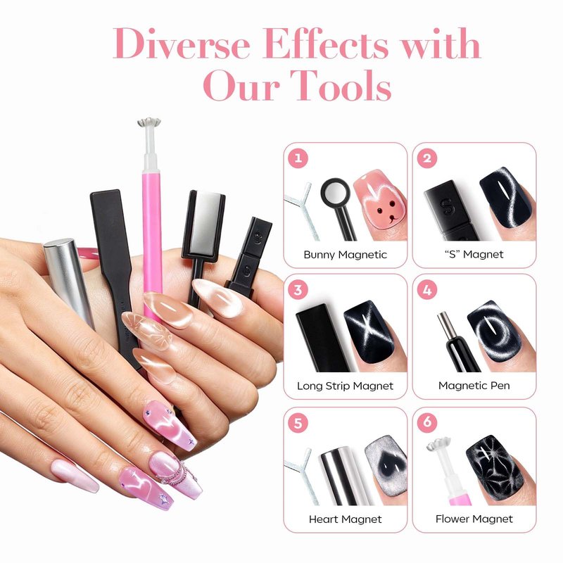 AzureBeauty Cat Eye Magnet Nail Art Tools-14PCS Powerful Cateye Gel Nail Polish Magnet Tools -Heart/French /Black Hole Magnet Sticks, DIY Glassy Cateye Nail Art Effects