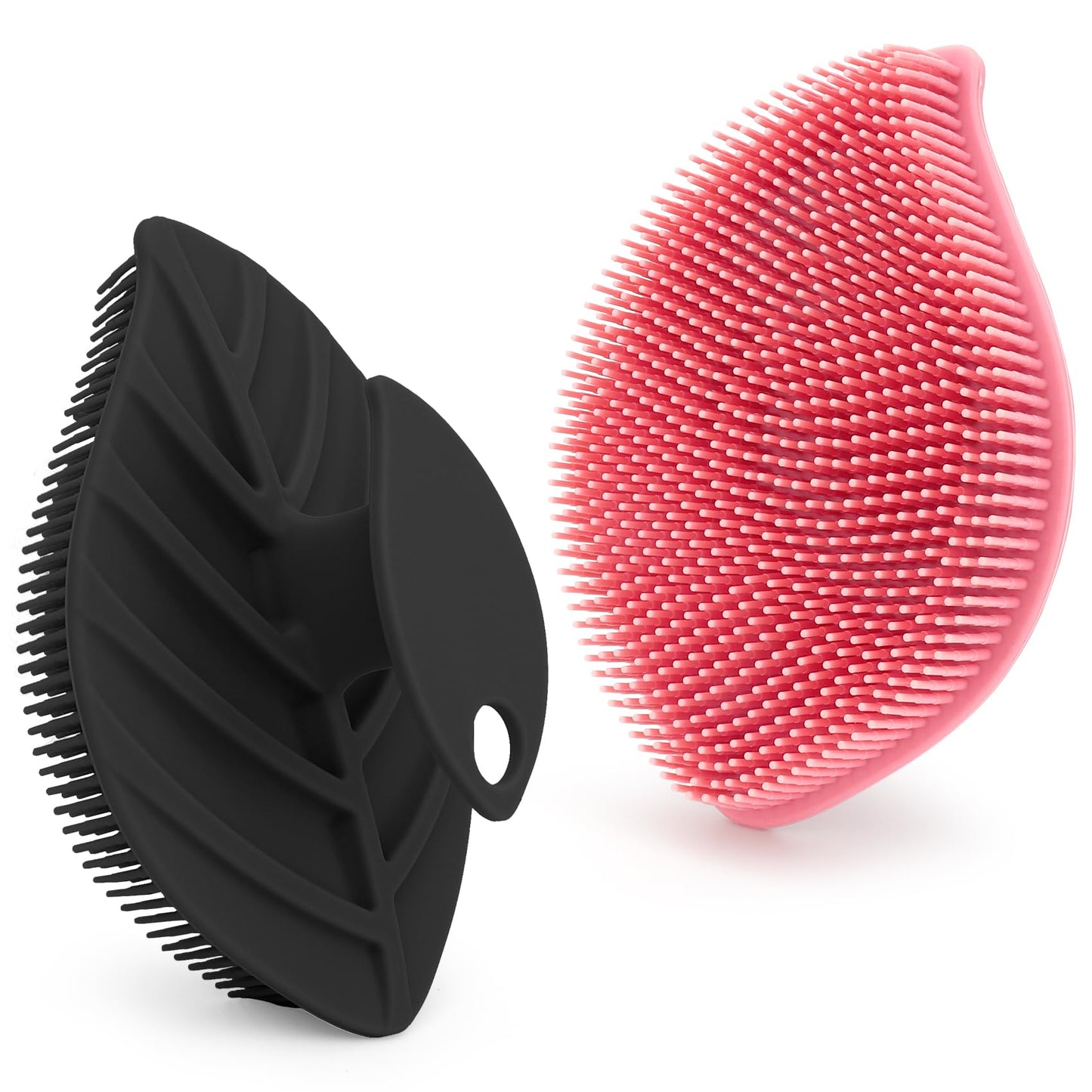 2 Pack Silicone Body Scrubber, Soft Silicone Loofah, Gentle Exfoliating Body Scrubber for Sensitive Skin, Leaf Shaped Shower Scrubbers, Silicone Scrubbers Body Brush for Women Men (Pink & Black)