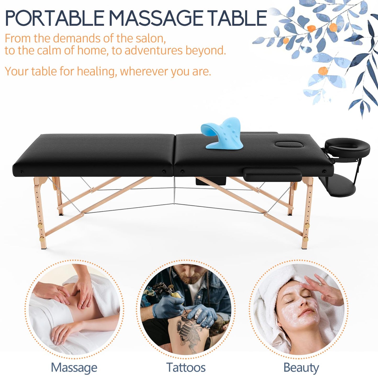 VIRRMO Portable Massage Table with Neck Stretcher, Adjustable Lash Bed Massage Bed Tattoo Table for Eyelash Extensions Beauty Tattoo,Black