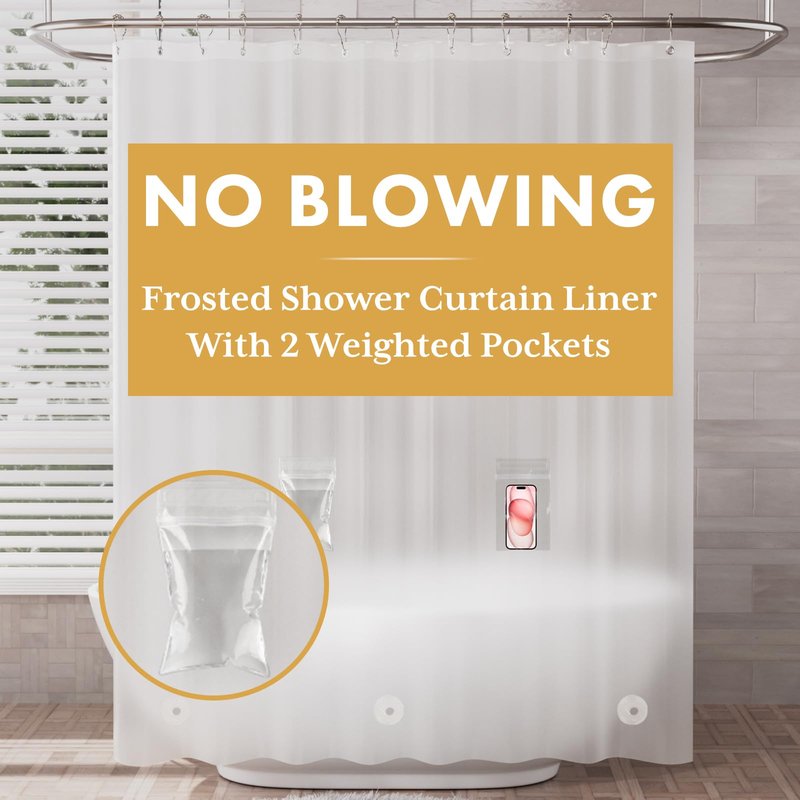 AmazerBath Shower Curtain Liner with 2 Weights Pockets, 72x72 Innovative No Blowing Plastic Frosted Shower Liner with 2 Weighted EVA Pockets & 3 Magnets, Waterproof Shower Curtain for Bathroom Stall