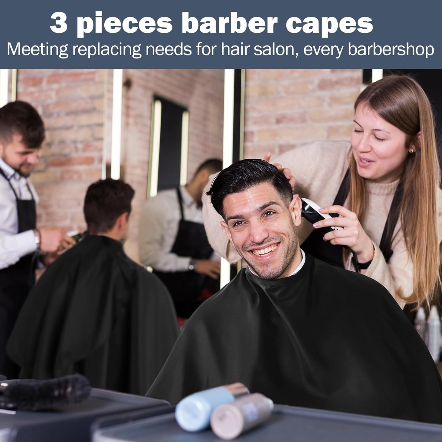 Wesiti Barber Cape Set - 3 Large Waterproof Hair Cutting Capes with Adjustable Snaps | Black 64 x 56''