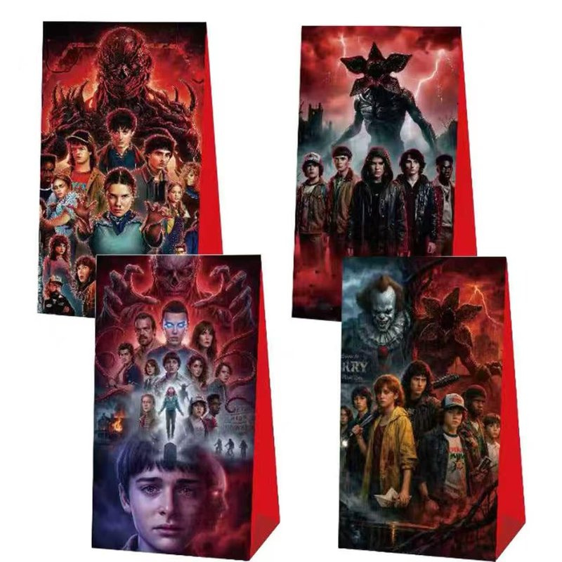12 PCS of Stranger -themed party gift bags. Made of kraft paper and equipped with handles, they are perfect for holding candies, snacks, etc. They are suitable for various festivals and birthday parties.