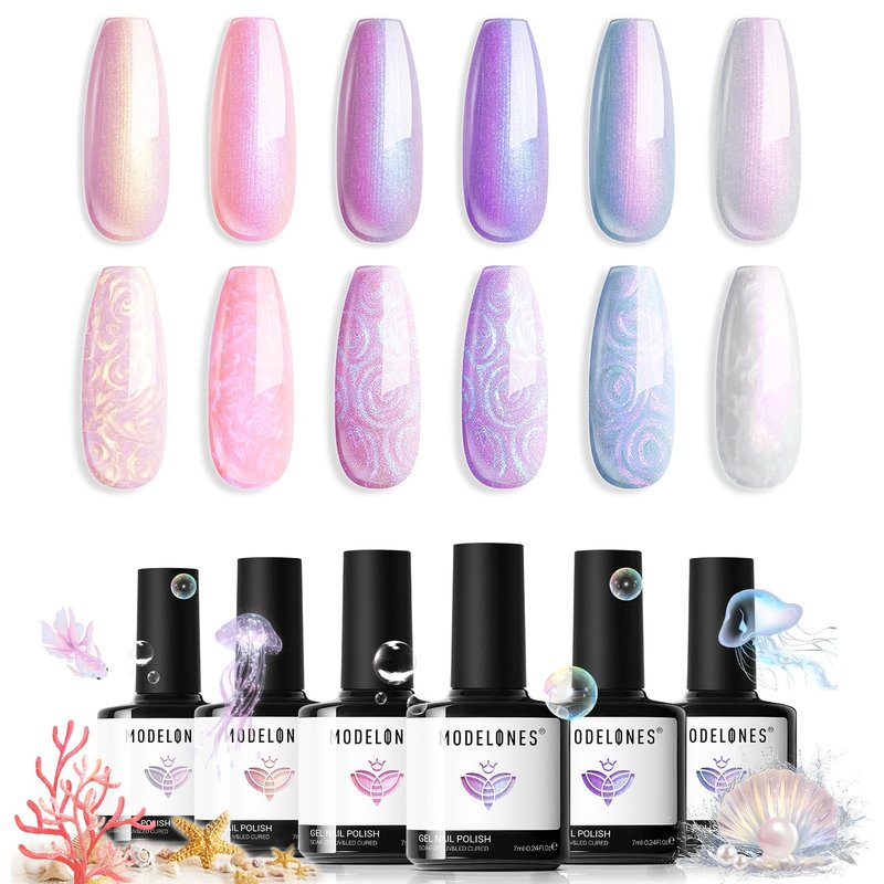 Modelones Gel Nail Polish - 6 Colors Spring Pastel Shimmer | Pearl White, Pink, Purple, Mermaid Glitter for DIY Nail Art