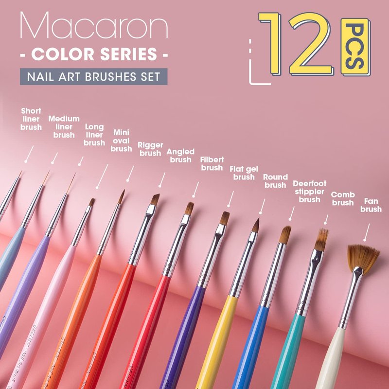 Gellen Nail Brushes for Nail Art 12Pcs - Nail Art Brushes Set Professional Acrylic & Gel Nail Brush Kit for Nail Art Design, Liner, Oval, Filbert, Fan, French Tip Nail Art Salon & Home DIY