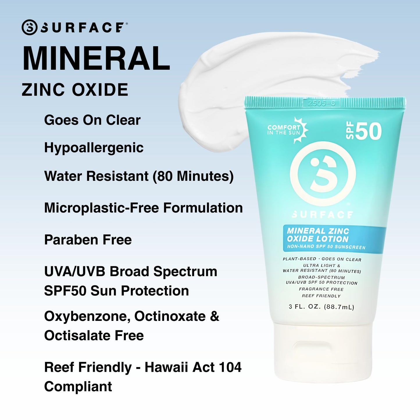 Surface Sunscreen Mineral Lotion SPF 50 for Face & Body, Natural Formula, Lightweight & Reef Friendly, Broad Spectrum UVA UVB Protection, Water Resistant Sun Care for Outdoor Use, Fragrance Free, 3oz