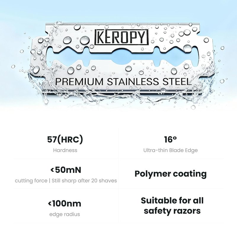 KEROPY Double Edge Safety Razor Blades - 50 Count Premium Surgical Stainless Steel, Chromium Coating, Zero Irritation