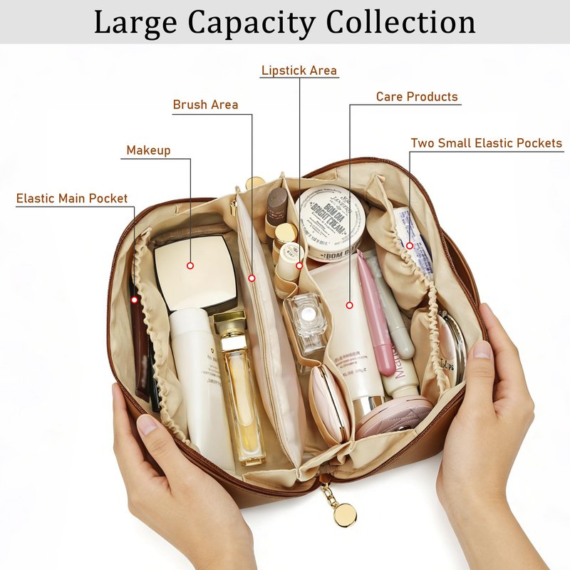 CLOUDWINGS Initial Makeup Bag Gifts for Women Bridesmaid Gifts Travel Toiletry Personalized PU Leather Waterproof Cosmetic Bag (Large-Brown-E)