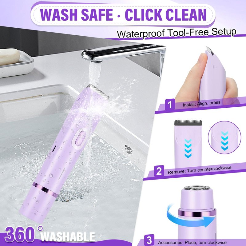 Nest Timber Women's Bikini Trimmer, 2-in-1 Electric Shaver for Bikini Line, Legs, Underarms, Face - Waterproof Women's Electric Shaver for Sensitive Skin, USB Rechargeable(Purple)
