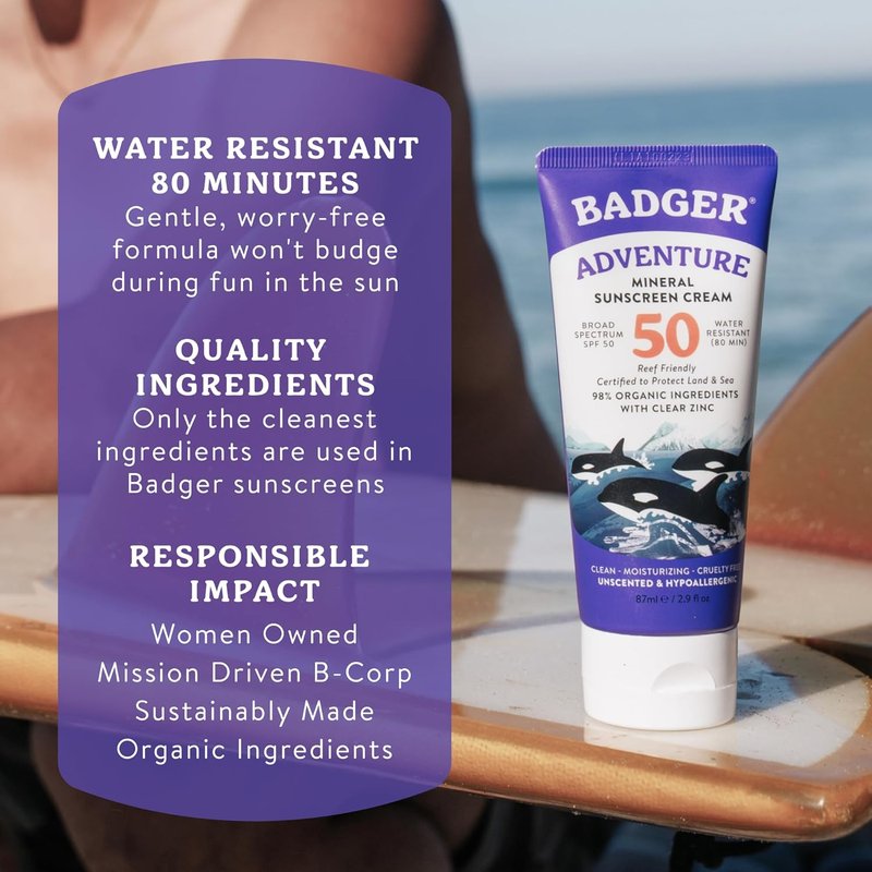 Badger Reef Safe Mineral Sunscreen - SPF 50, 98% Organic, Water Resistant, Unscented, 2.9 fl oz