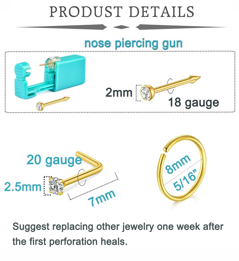QWALIT Self Nose Piercing Kit at Home Nose Piercing Kit Nose Ring Piercing Kit Nose Piercing Kit with Nose Rings Disposable Nose Piercing Gun Kit Gold Piercing Kit for Nose