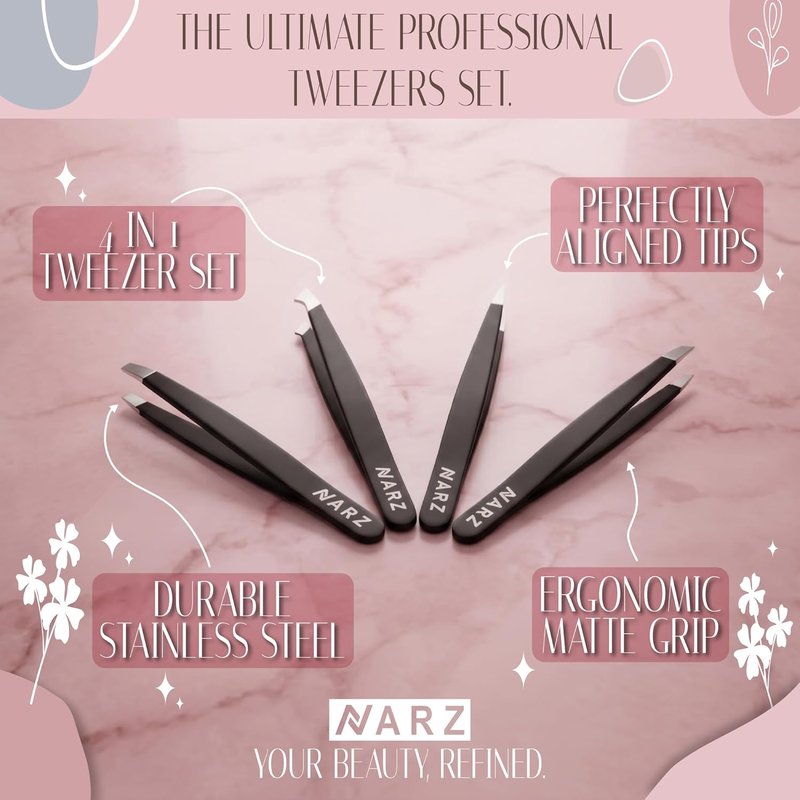 NARZ Professional Stainless Steel Tweezers Set - Precision Facial Hair & Eyebrow Tweezers for Men & Women | Black 4-Piece Set