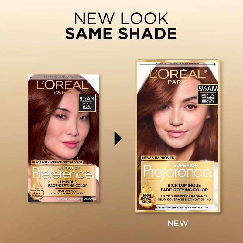 L'Oreal Paris Superior Preference Luminous Fade-Defying Permanent Hair Color, Hair Dye For Up to 9 Weeks of Radiance, Medium Amber Copper Brown 5.5AM, 1 Hair Dye Kit