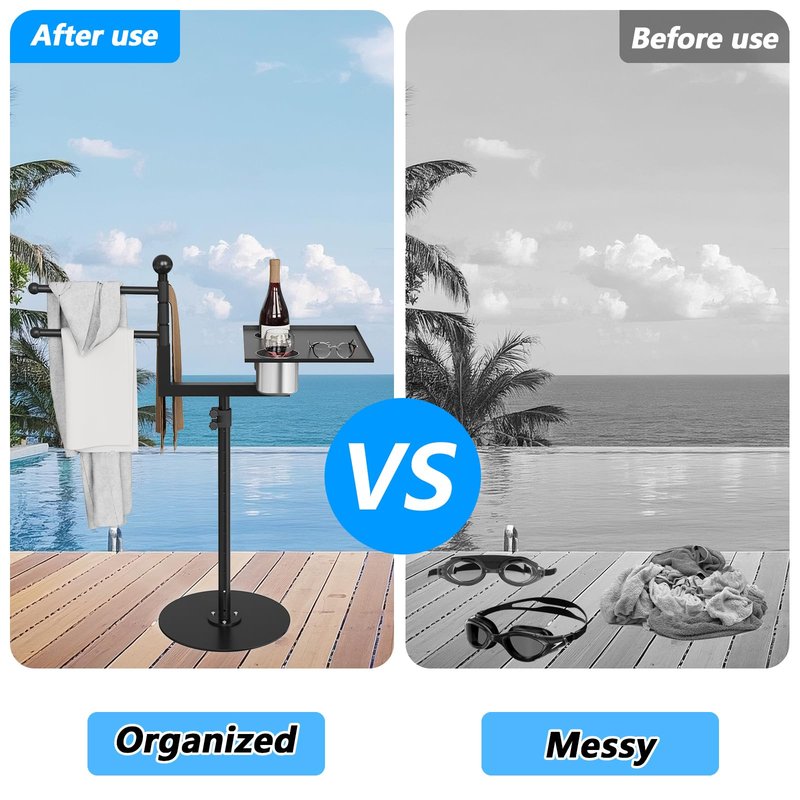 2-in-1 Pool Towel Rack Outdoor, Adjustable Height Poolside/Hot Tub Side Towel Rack Combine 360°Rotating 3-Bar & Tabletop, Space-Saving Freestanding Towel Holder for Poolside, Hot Tub, Patio Area