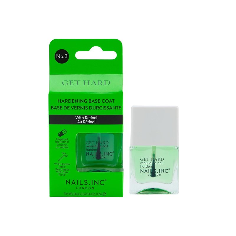 Nails Inc Get Hard, Hardening Base Coat, Retinol, Nail Strenthening, No Chip, Long Lasting, Quick Dry, Air Dry, Professional Manicures & Pedicures, Fingernails & Toenail, Vegan Nail Polish, 0.47 Fl Oz