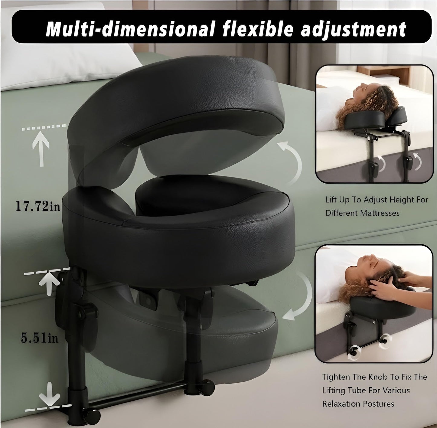 Tademis Massage Headrest for Bed Home Mattress Top Massage Kit Adjustable 18" Height SPA Head Holder Massage Face Cradle Home Salon Face Cushion Support Bracket (Black)