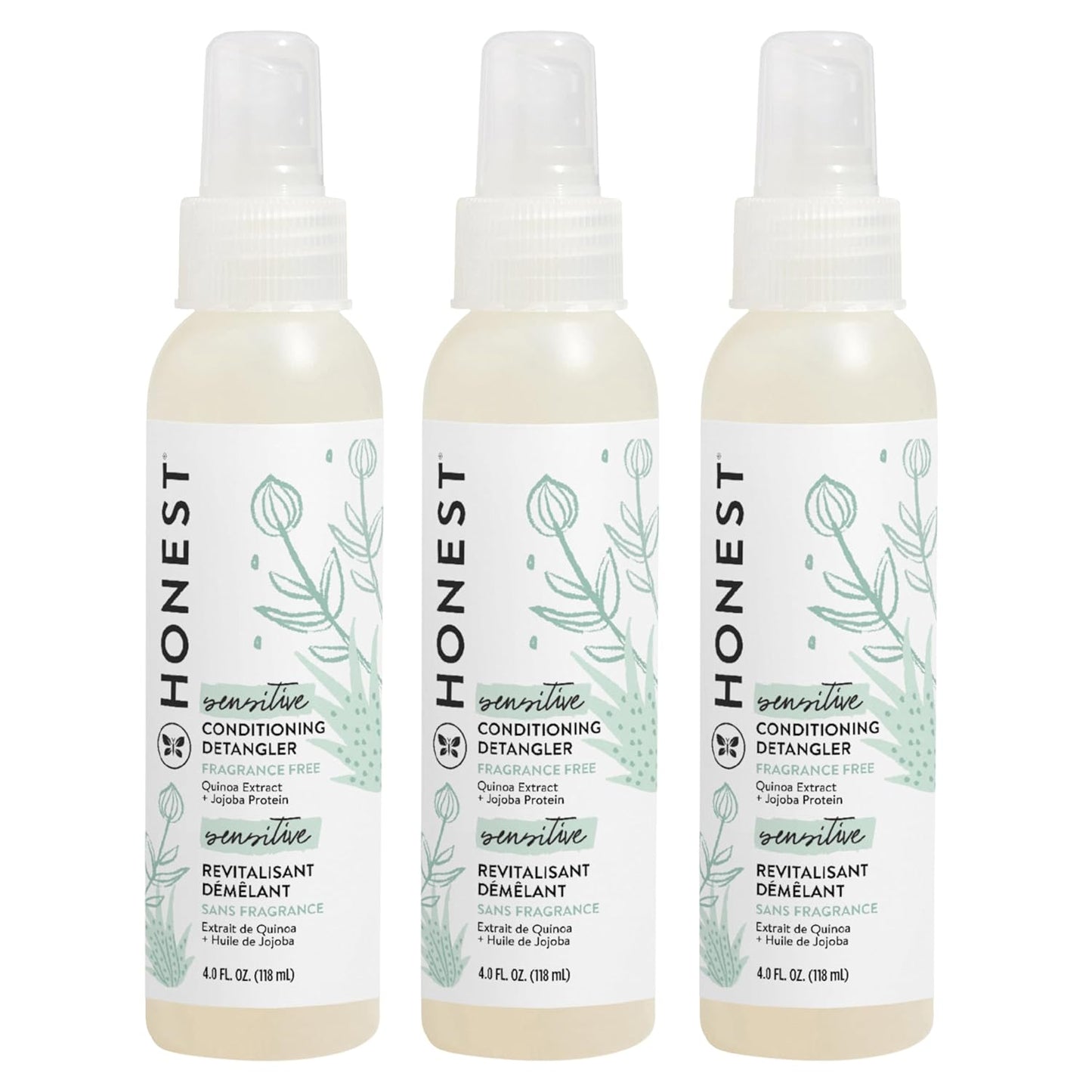The Honest Company Fragrance-Free Hair Detangler - Tear-Free Leave-In Conditioner for Sensitive Skin | 4 fl oz (Pack of 3)