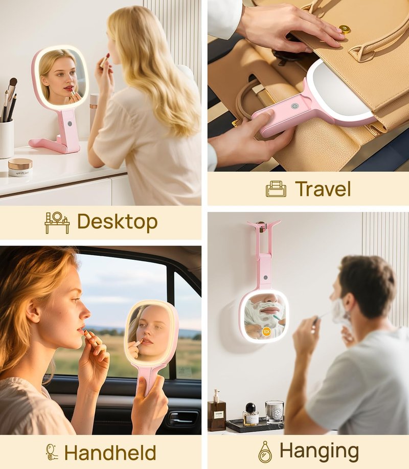 Gospire Travel Vanity Mirror - 6.8" 3-in-1 Dual-Sided LED, 1X/10X Magnification | Pink Velvet Pouch