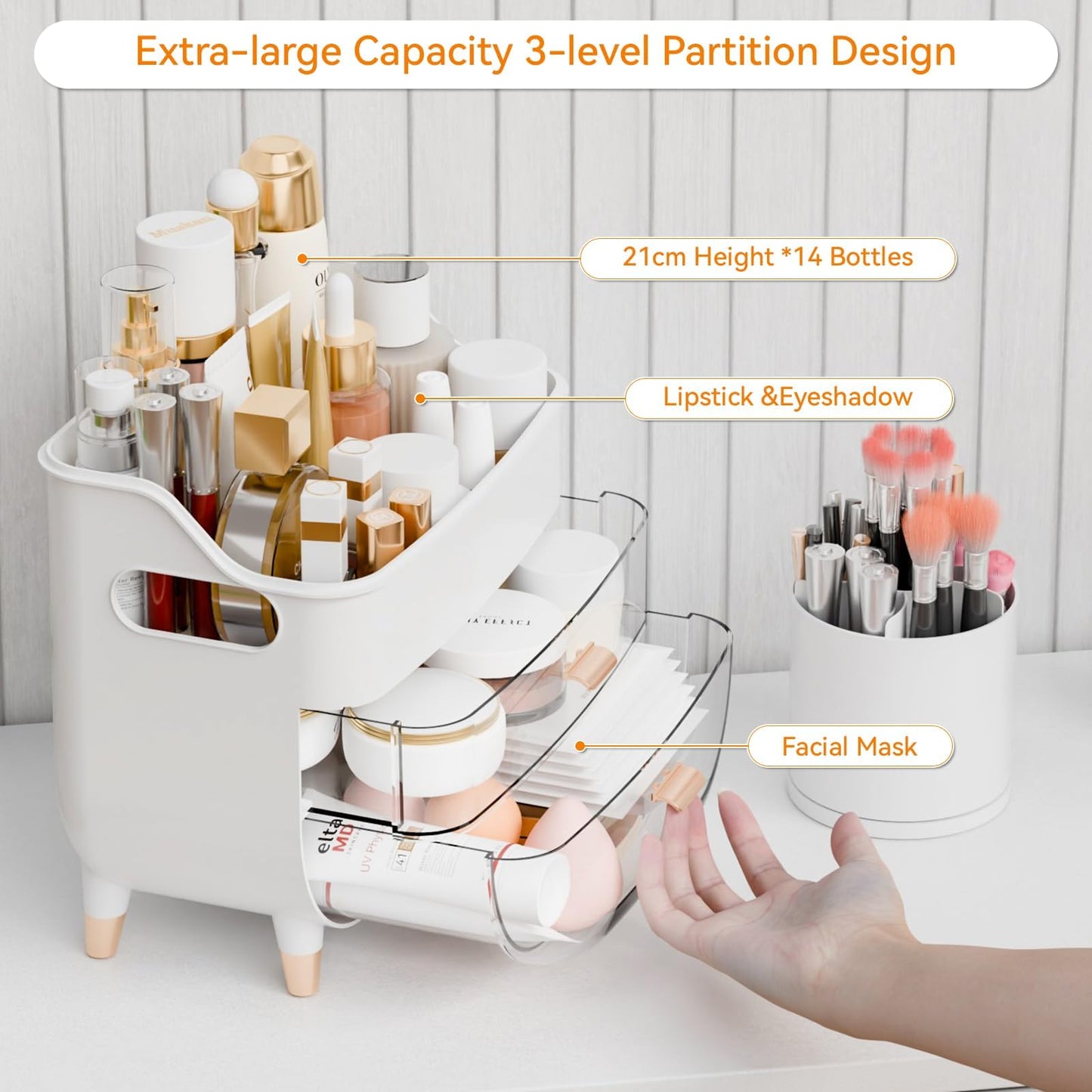 Yieach White Make up Organizer for Countertop,Vanity,Large Capacity Bathroom Makeup Skincare Organizers With Brush Holder,Makeup Storage Organizer for Lotion,Beauty Products,Skin Care,Makeup Display